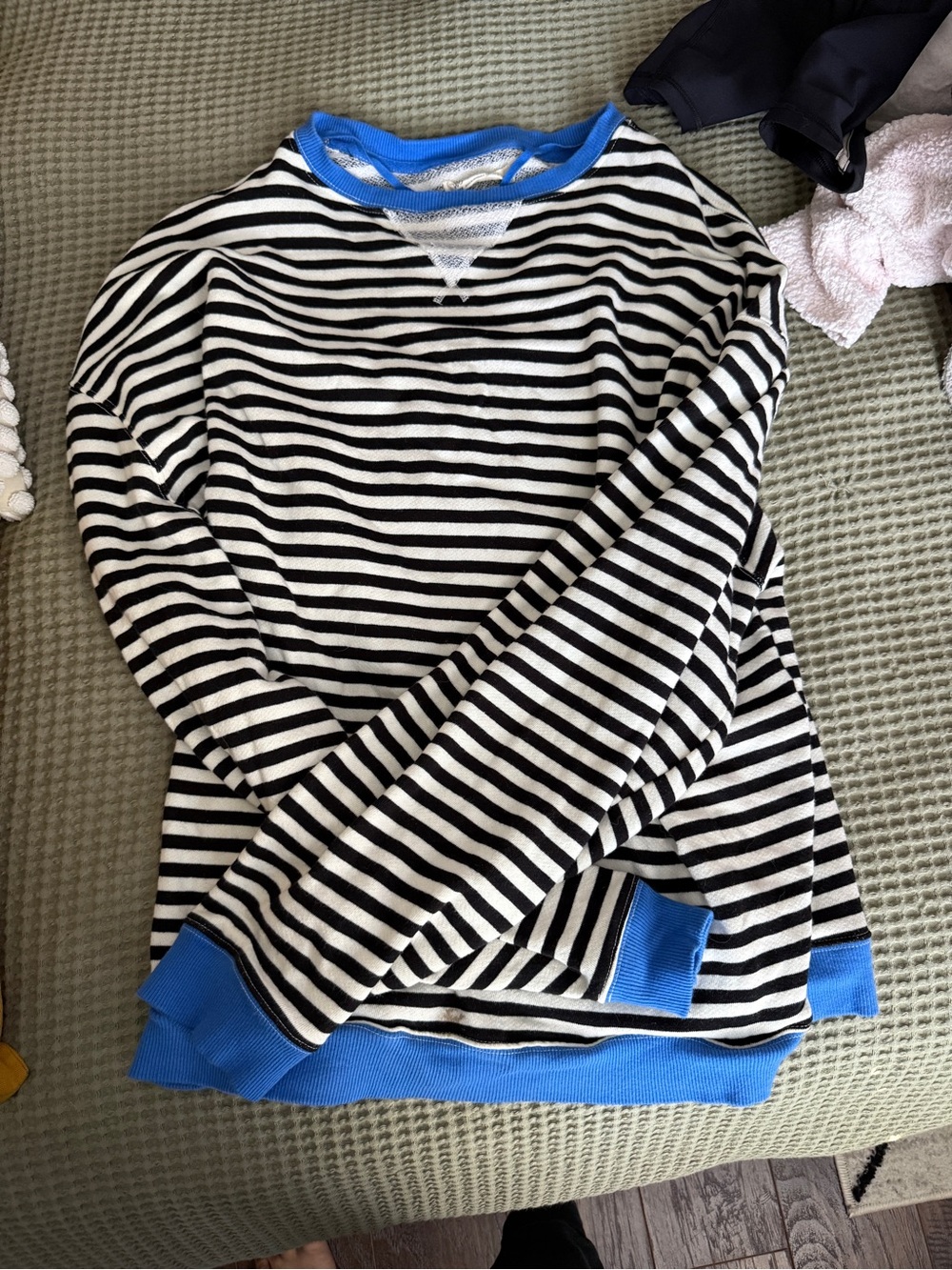We The Free Black & White Striped Pullover with Blue Trim